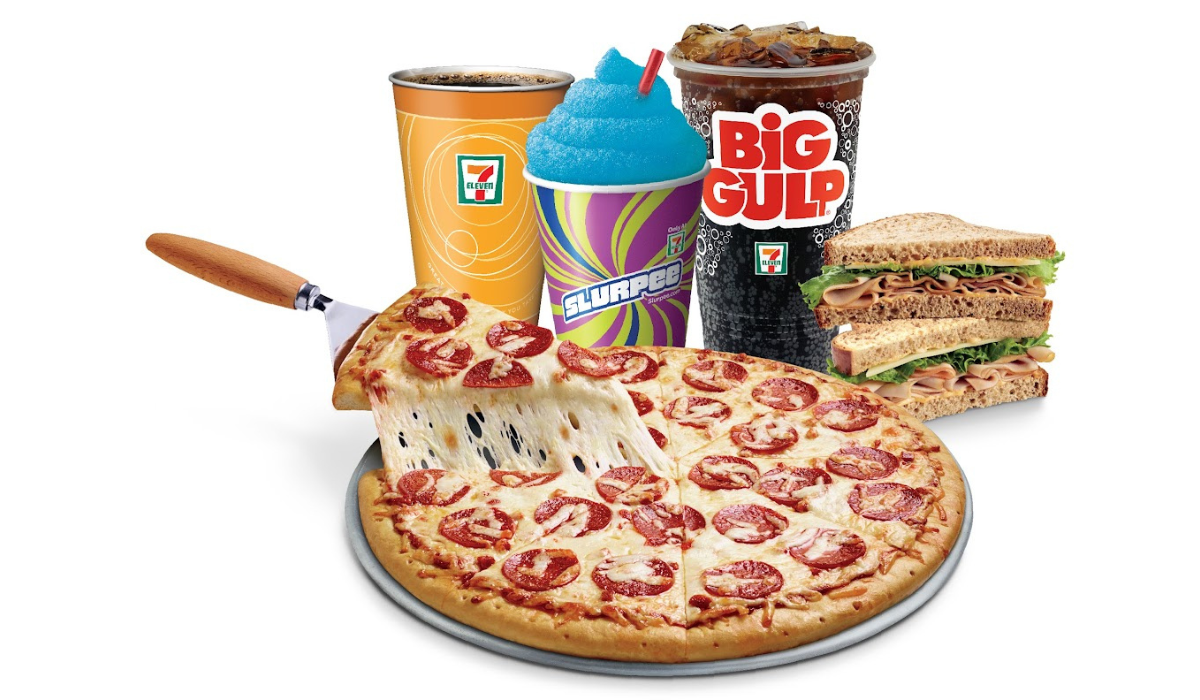 Graphics for 7Eleven Products including a soft drink, a slurpee, a big gulp, a sandwich and a delicious pizza