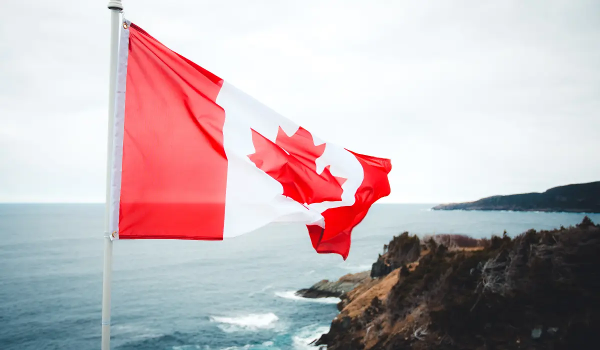 The canadian flag blowing in the wind, in focus, with an ocean in the background out of focus