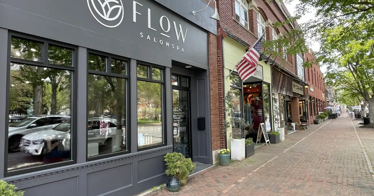 A view of downtown Chestertown on High St. featuring the new facade at Flow Salon in Spring 2026